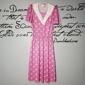 Vintage Early 80s Pink and White Floral Dress with Sailor Collar, 14